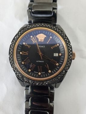 Versace Black and Rose Gold Accents Men's Automatic Watch with Blk Diamond Bezel